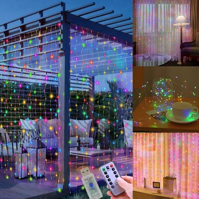 Vorhang Lichterkette 2er-Pack, 3x3m, 300 LED, USB, 8 Modi, mehrfarbig
