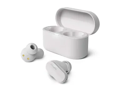 A pair of white wireless earbuds and their charging case are displayed on a white background.