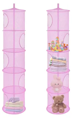 Productafbeelding van Hangende opbergmand, 2-delige inklapbare hangende organizer, hangende plank met 5 vakken, netzak voor knuffels, hangende mand voor kinderkamer of balkon (roze)