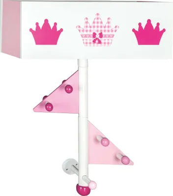 Obrázek produktu pro dětský věšák roba "Crown" ze dřeva, růžově lakovaný a potištěný, k montáži na zeď, s 9 háčky a 2 přihrádkami