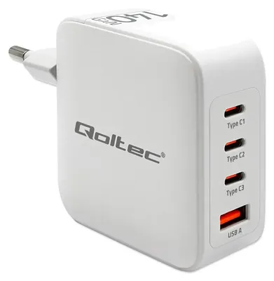 Zdjęcie produktu dla Ładowarka sieciowa Qoltec 140W GaN | 5-20V | 2.5-5A | 3 x USB-C PD | 1 x USB QC 3.0 | Biały