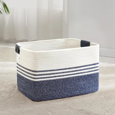 Image de Panier à linge tressé, grande taille, 60 litres, corde en coton, poignées en cuir, blanc et bleu, dimensions : 53 x 38 x 29 cm