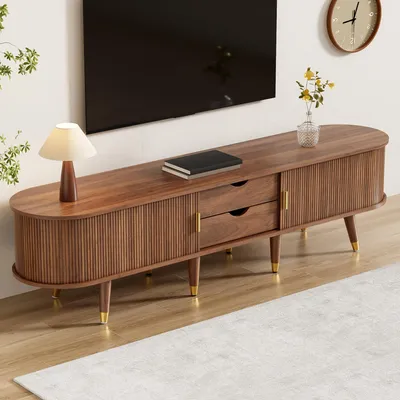 Produktbild von TV-Lowboard 175 cm, Fernsehtisch mit Rattan-Schiebetüren und 2 Schubladen, TV-Schrank aus MDF mit Stauraum, Walnussoptik mit goldfarbenen Details