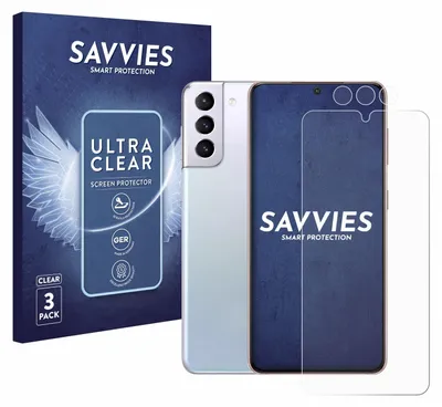 A product box and a smartphone with screen protectors are shown.