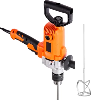 A power mixer drill and its mixing attachment are shown against a white background.