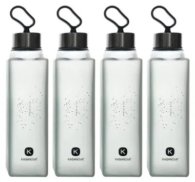 Produktbild von 4er Set PURE Trinkflasche Glas Premium 420ml Grau Auslaufsicher mit Silikonschlaufe Glasflasche Wiederverwendbar Wasserflasche Robust Indoor Outdoor