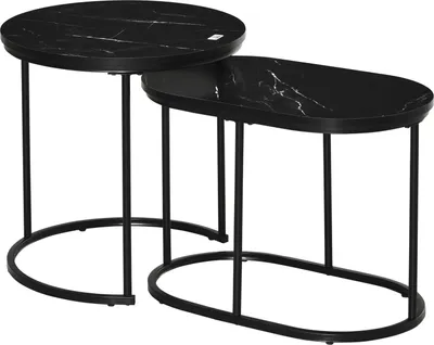 Produktbild von 2Er Set Couchtisch Satztisch Rund Oval Bestelltisch Kaffeetisch Stapelbar Mit Faux Marmor Seite Bis 30 Kg Mdf Stahl Schwarz Ø50 X 50,5H Cm