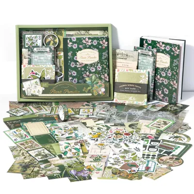 Produktbild von Simno® botanisches Geschenkset, 263-teilig, A6-Journal, 18 Washi-Tapes – Grün