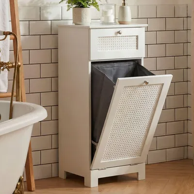 Obrázek produktu pro FineBuy Koš na prádlo, dřevěný, bílý, 38 x 90 x 40 cm, s výklopnými dvířky a zásuvkou Skříň na prádlo Koš na prádlo Skříň do koupelny s vídeňským proutěním a pytlem na prádlo