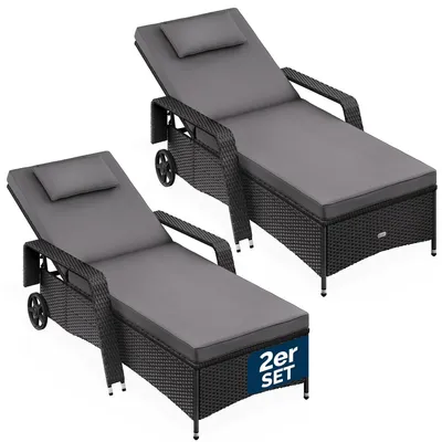 Produktbild von Casaria® Sonnenliege 2er Set mit Rollen 7cm Auflage Extra Breit 90cm Gartenliege Wetterfest 165kg Belastbar Terrasse Balkonmöbel Liegestuhl Schwarz Anthrazit