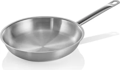 A stainless steel frying pan on a white background.