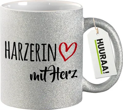 Produktbild von Huuraa Glitzertasse Harzerin mit Herz 330ml Silber Keramik Kaffeebecher Geschenkidee