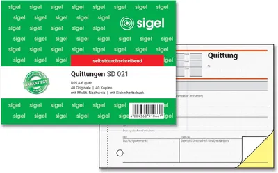 Produktbild von SIGEL SD021 Quittungen, 1.+ 2. Bl. bedr., mit Sicherheitsdruck, A6 q, selbstdurchschreibend, 2 x 40 Blatt