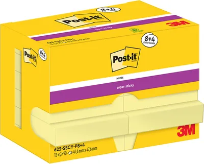 Image de Post-it Super Sticky Notes notes adhésives 47,6 x 47,6 mm jaune 12 blocs à 90 feuilles