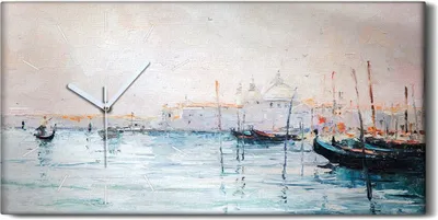 Produktbild von Leinwand Wanduhr Wandkunst Uhr Geräuschlos 60x30 Gemälde See Hafen Boote Kunst - weiße Hände