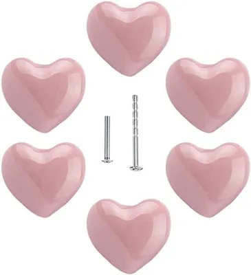 Productafbeelding van Hartvormige Knoppen - Keramische Handgrepen - Meubels Opknappen - Inclusief 2 Schroeflengtes - 35mm Diameter - Roze