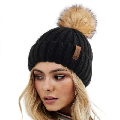 Produktbild von Wintermütze Damen Strickmütze mit Kunstpelz Bommel Schwarz Einheitsgröße
