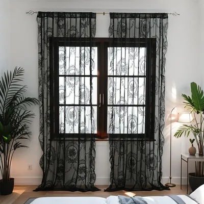 Produktbild von 2 Stück Französische Spitzenvorhänge Vintage Vorhänge Blumen Gardine mit Rüschen, Schwarz 140x200cm
