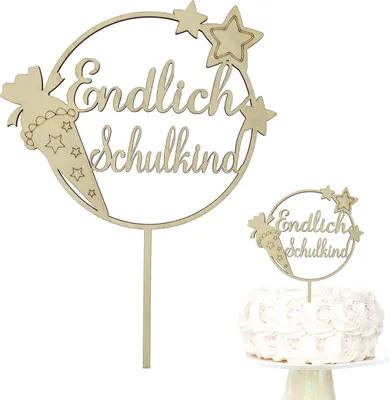 Produktbild von Oblique Unique Endlich Schulkind Holz Torten Topper natur für Schuleinführung Einschulung Schulanfang Kuchendeckel