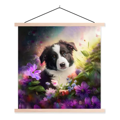 Produktbild von MuchoWow® Textilposter Welpe - Sonne - Blumen - Natur - Border Collie - Hund 60x60 cm mit holzfarbenen Rahmen - Wanddekoration