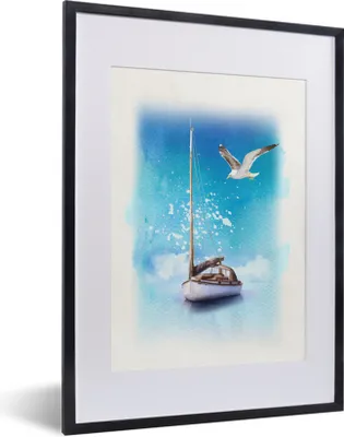 Produktbild von MuchoWow® MuchoWow® Gerahmtes Poster Boot - Meer - Möwe 30x40 cm - Poster mit zchwarzem Bilderrahmen - Wandposter Schlafzimmer