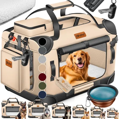 Produktbild von LOVPET® Hundebox Hundetransportbox faltbar Inkl.Hundenapf Transporttasche Hundetasche Transportbox für Haustiere, Hunde und Katzen Haustiertransportbox, Beige, XXL