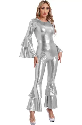 Produktbild von Damen Disco Kostüm Gr M Silber 70er Jahre Metallic Jumpsuit Schlaghose – Retro Overall Karneval Halloween Fasching Party Show