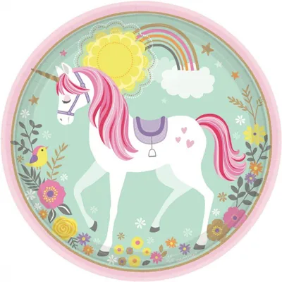 Zdjęcie produktu dla Okrągły papierowy talerz Magiczny Jednorożec 23 cm