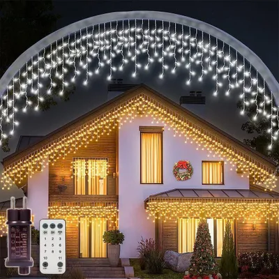 Produktbild von 400 LEDs Eiszapfenlichter Lichtervorhang, 10m, 31V Lichterkette Dimmbar, Timer & Memory, IP44 Schutzart, 11 Modi Lichterkette für Weihnachten