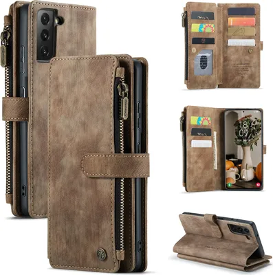 Immagine prodotto di Custodia in pelle per Samsung Galaxy S23, custodia con cerniera in Finto cuoio, chiusura magnetica, tasca per carte, supporto, custodia a portafoglio marrone