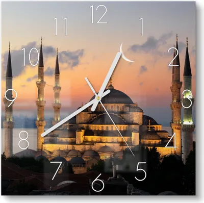 Produktbild von DEQORI Glasuhr 30x30 cm Zahlen 'Mondsichel über Moschee' Wanduhr Glas Uhr Design leise