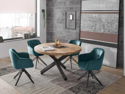 Produktbild von Essgruppe ACE Mangoholz massiv, 4 Stühle in grün + Esstisch rund