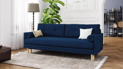 Produktbild von Amy 3-Sitzer Sofa mit Schlaffunktion, skandinavischer Stil, Möbelfüße aus Eiche, gewachst, Samtstoff Riviera 81 Navy Blau