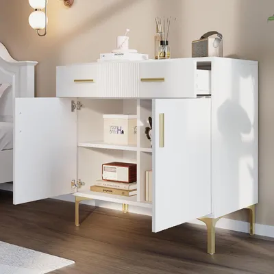 Image de Commode en bois avec 2 portes et 2 tiroirs, de couleur blanche, dimensions : 80 x 35 x 79,5 cm