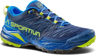 Trailrunning-Schuh "Akasha II" von La Sportiva in Blau und Grün; mit rutschfester Sohle und atmungsaktivem Obermaterial.