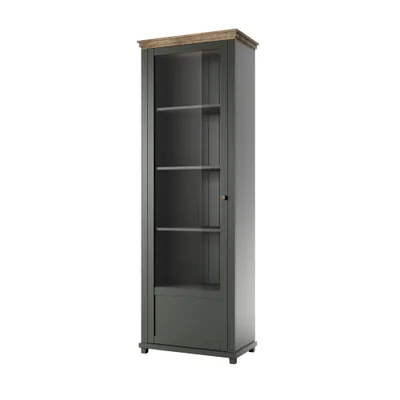 Produktbild von Vitrine Landhaus grün mit Lefkas Eiche Nb. EPSOM-83 Knopfgriffe Messing Türanschlag links, B/H/T: ca. 71/200/42 cm