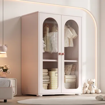 Produktbild von Flieks 2-türiger Kleiderschrank Eckkleiderschrank mit Acryltüren, Garderobe mit Stange und höhenverstellbare Einlegeböden, 80x50x120 cm, Rosa