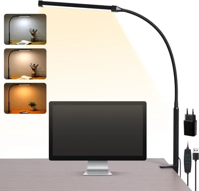 Image de Lampe de bureau - Lampe flexible - Pour la lecture et le travail - Couleur et luminosité réglables - Avec abat-jour - Noir