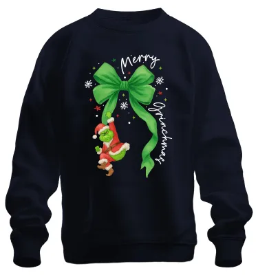Zdjęcie produktu dla Merry Grinchmas Grinch Father Christmas na zielonej kokardzie Świąteczna bluza uni , granatowy, M