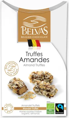 CZEKOLADKI BELGIJSKIE TRUFLE Z MIGDAŁAMI FAIR TRADE BEZGLUTENOWE BIO 100 g - BELVAS