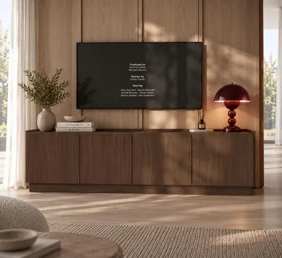 Immagine prodotto di Mobile TV a quattro ante e otto ripiani, modello Villa in legno di noce, dimensioni 180 x 40 x 59,7 cm, Immagine generata dall'IA