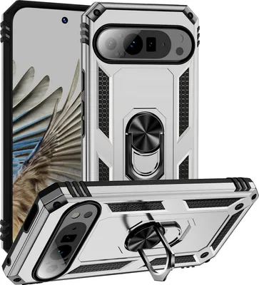 Produktbild von Schutzhülle für Google Pixel 9 / Pixel 9 Pro Dual Layer Robust Militäre Fallschutz Hülle mit Ringhalterung Ständer Silber