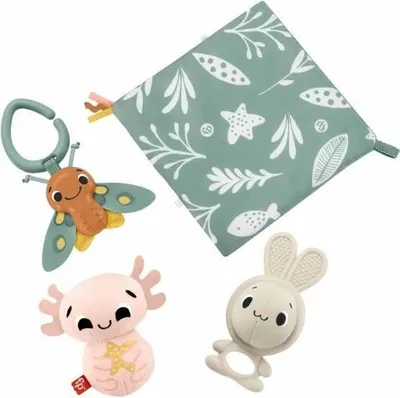 Immagine prodotto di Set regalo Fisher-Price per la nascita, 4 giocattoli sensoriali per neonati, sonaglio Axolotl, anello da dentizione coniglietto, sonaglio lucciola