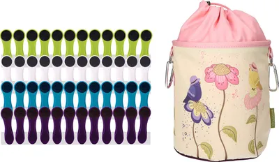 Produktbild von 48 Wäscheklammern mit Softgrip Blau Grün Weiß Lila Anthrazit und 1 Wäscheklammerbeutel Vögel auf Blumen