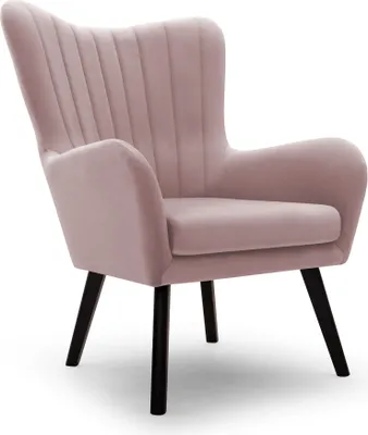 Produktbild von DomoHome Ted Sessel Aus Velluto-Stoff – Eleganter Hellrosa Samtsessel Mit Hoher Rückenlehne Breiter Sitzfläche Und Stabilen Schwarzen Holzbeinen Mit Vertikalen Nähten 76x78x100cm PULVERPINKEL