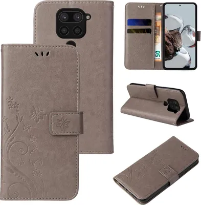 Produktbild von Handyhülle für Xiaomi Redmi Note 9 Floral Blumen Schmetterling Flip Cover Hülle Case Klapphülle Handytasche Farbe: Grau