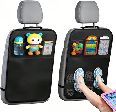 Produktbild von Rückenlehnenschutz Auto, 2er Set, wasserabweisendes Oxford Gewebe, 3 Netztaschen, für Kinder