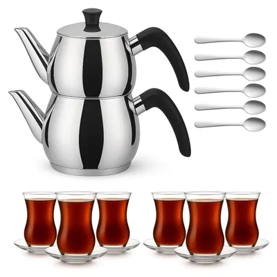 Produktbild von Caydanlik Teekanne Edelstahl 2-stöckig – Türkischer Teekocher induktionsgeeignet – mit Teegläsern oder nur Kanne : Kanne 1,5L : Glas-Set 6er