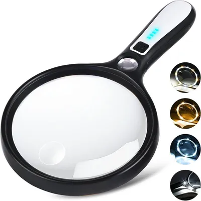Produktbild von Lupe mit Licht 10-fach, Wiederaufladbare Handlupe mit 20-fach Zusatzlinse, 13 LED, 3 Lichtfarben, Helligkeitsregelung, 600 mAh  Lupe Vergrößerungsglas