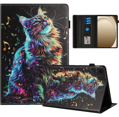 Produktbild von Schutzhülle für Samsung Galaxy Tab A9 Plus 11 Zoll 2023 Kunstleder mit Ständer und Kartenfächern Musiknotenkatze
